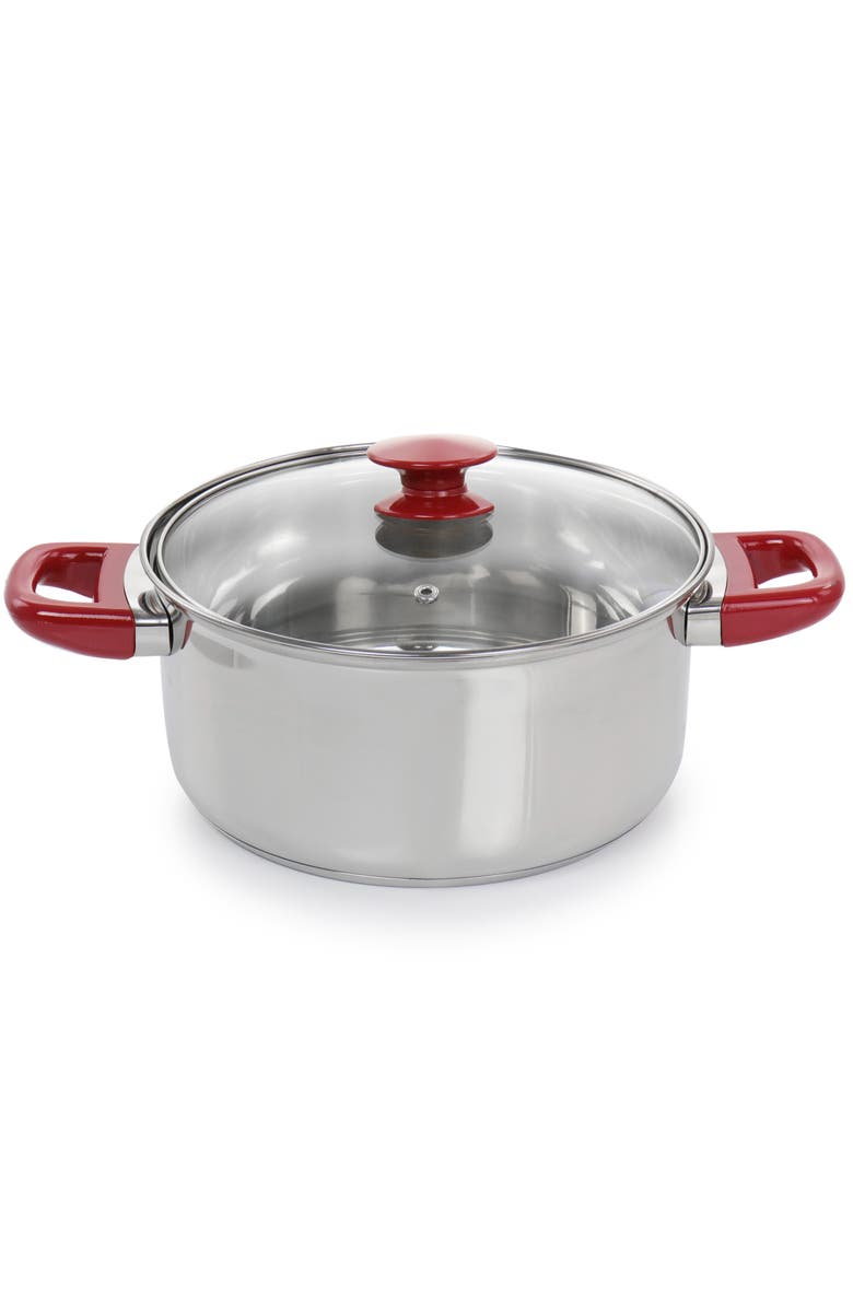 Gibson Home Crawson 7 Piece Stainless Steel Cookware Set in Chrome with Handles, Alternate, color, Red