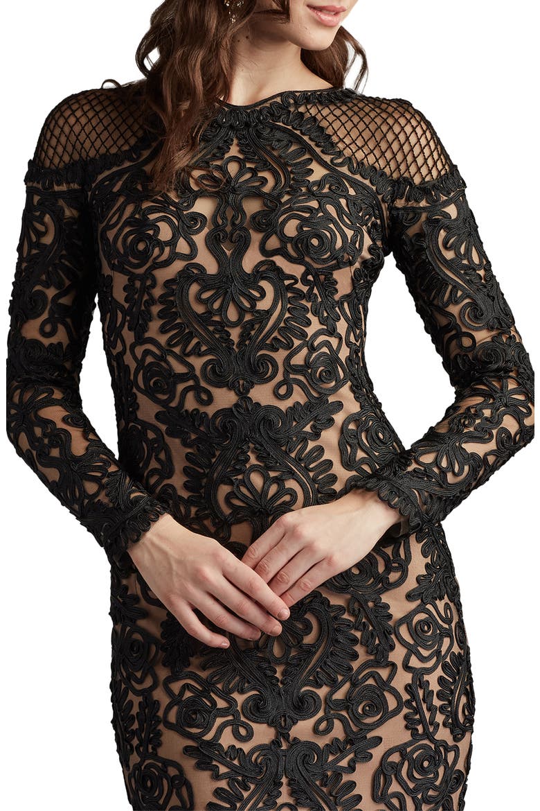 Scroll Lace Long Sleeve Cocktail Dress, Alternate, color, BLACK/ NUDE
