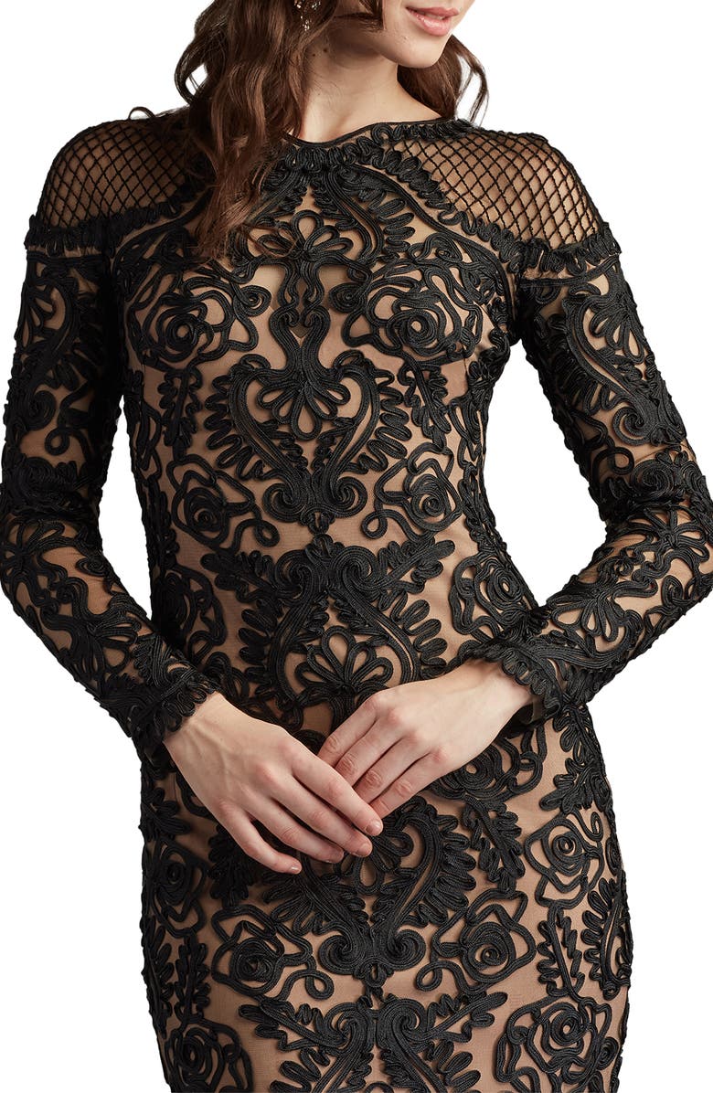 Tadashi Shoji Scroll Lace Long Sleeve Cocktail Dress, Alternate, color, Black/ Nude