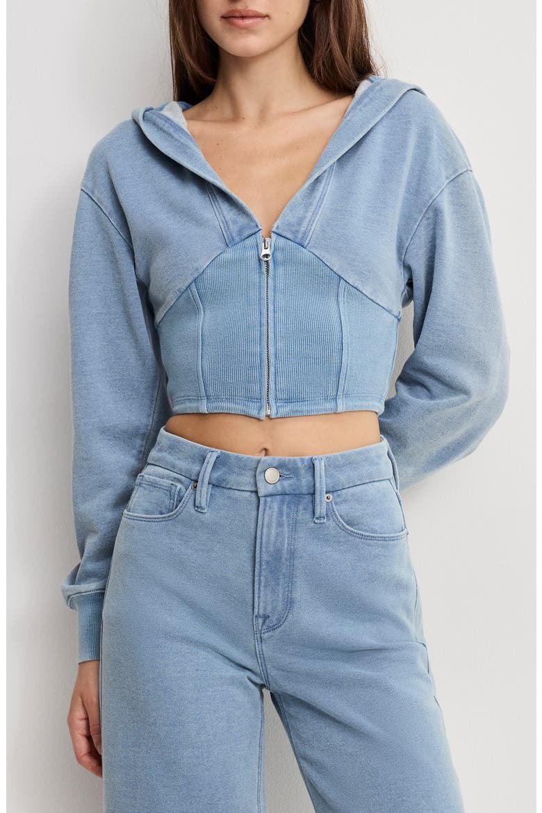 Jeanius Corset Crop French Terry Zip Hoodie, Main, color, INDIGO1157