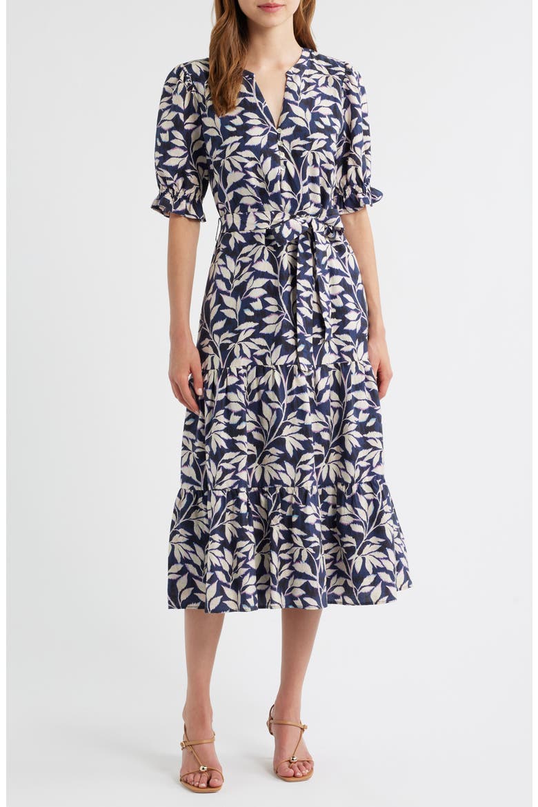 Eliana Print Tiered Midi Dress, Main, color, NAVY VINES