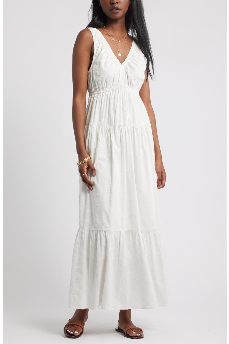 Shirred Cotton Blend Jacquard Sundress, Main, color, WHITE BLANC
