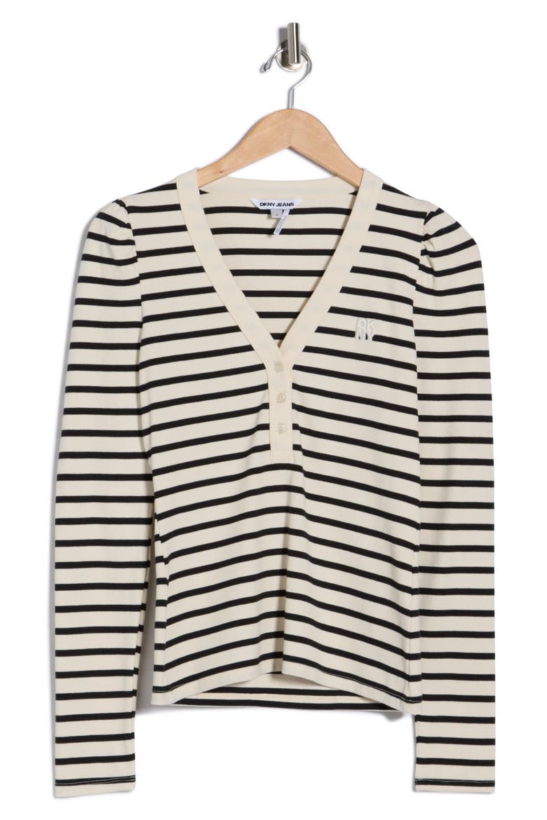 Puff Sleeve Henley, Alternate, color, EGGNOG/ BLACK