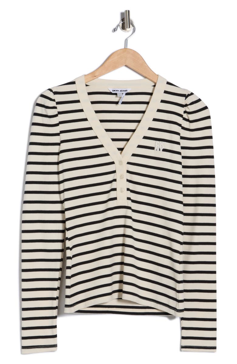 DKNY Jeans Puff Sleeve Henley, Alternate, color, Eggnog/ Black