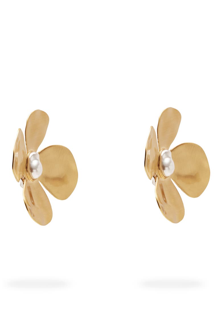 Lucky Imitation Pearl Floral Earrings, Alternate, color, BRUSHED BRASS