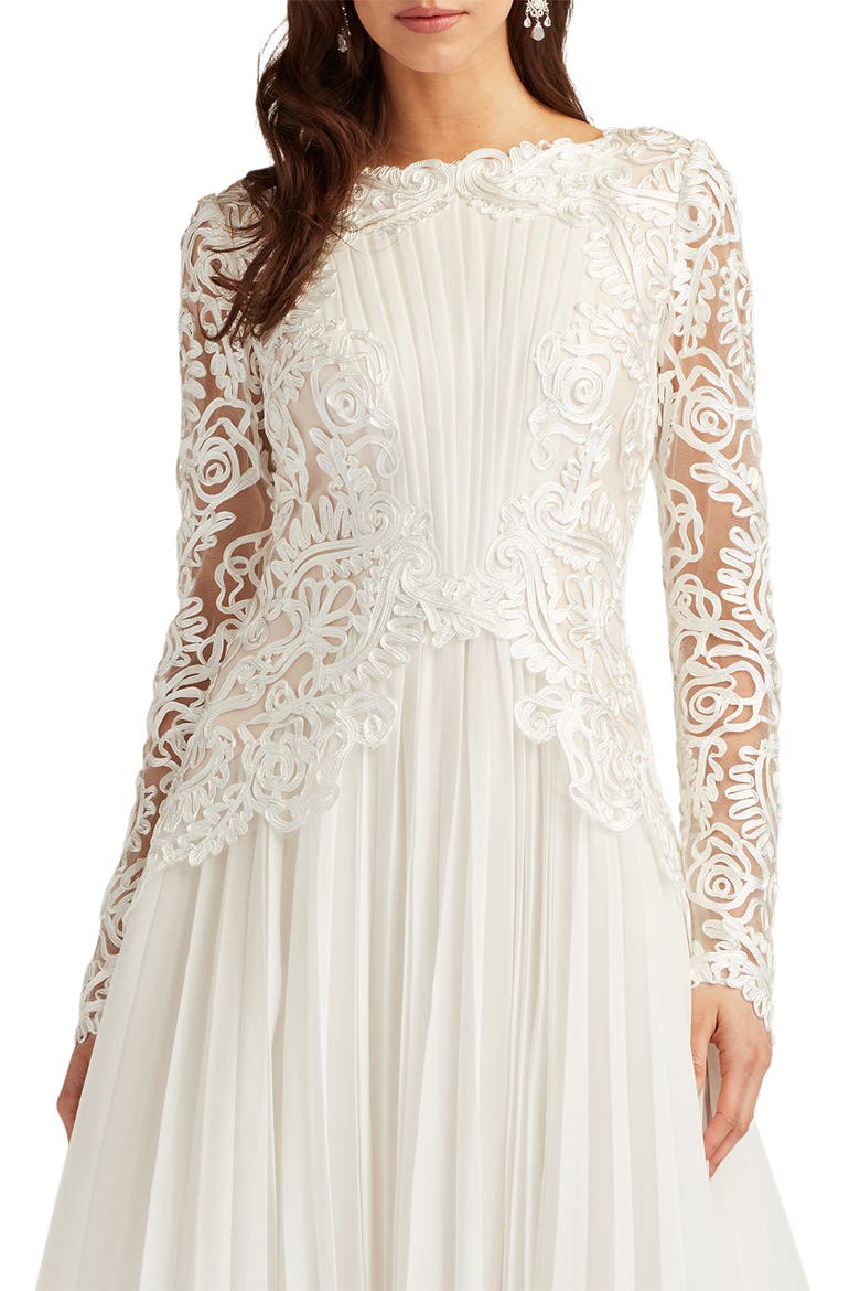 Long-Sleeve Ribbon Chiffon Midi Dress, Alternate, color, IVORY/ PETAL