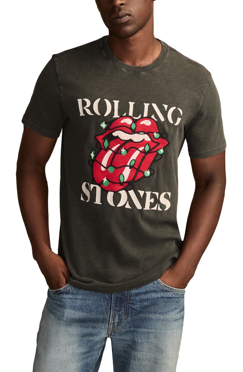 Lucky Brand Rolling Stones Lights Embroidered Appliqué Cotton T-Shirt, Main, color, Raven