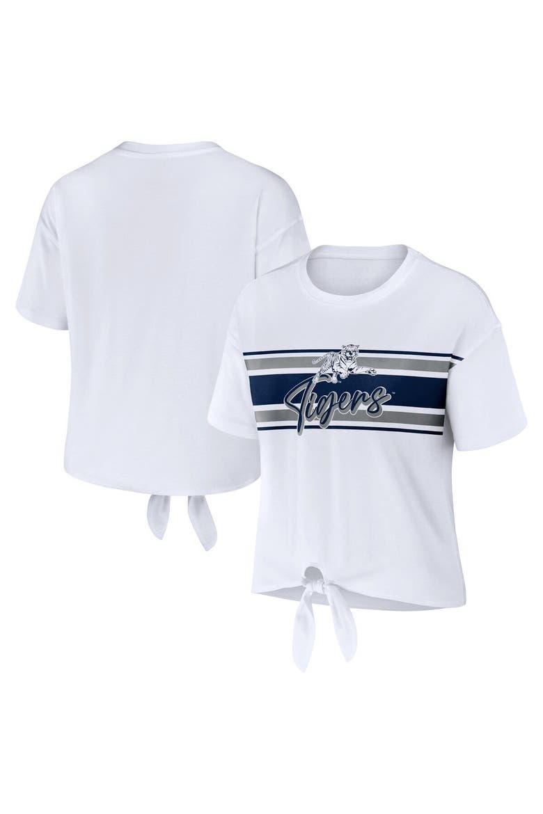 Women's WEAR by Erin Andrews White Jackson State Tigers Striped Front Knot Cropped T-Shirt, Main, color, White