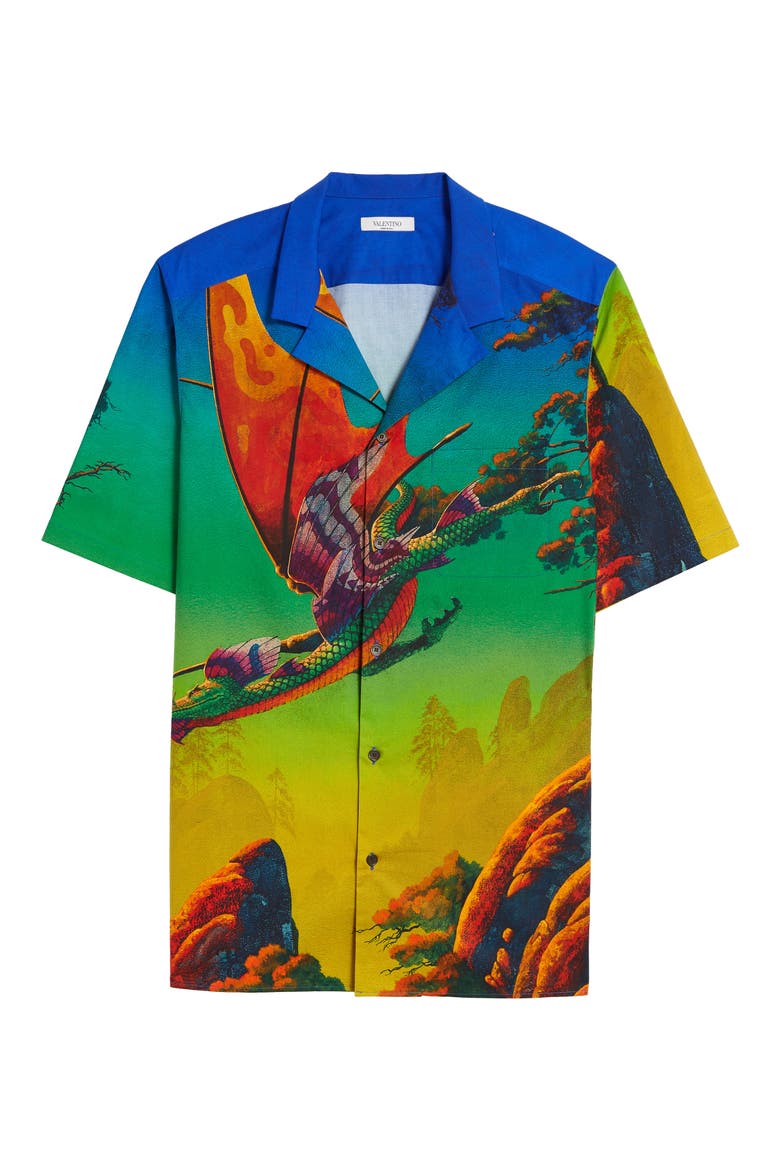 Dragon at Dawn Button-Up Short Sleeve Shirt, Main, color, BLUE MULTI