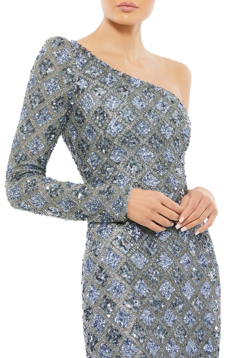 Sequin Long Sleeve One-Shoulder Gown, Alternate, color, SLATE GREY