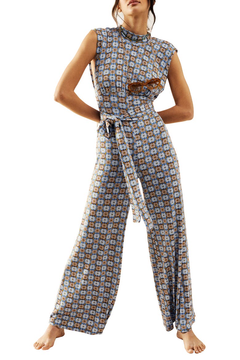 Vibe Check Tie Waist Jumpsuit, Main, color, BLUE COMBO