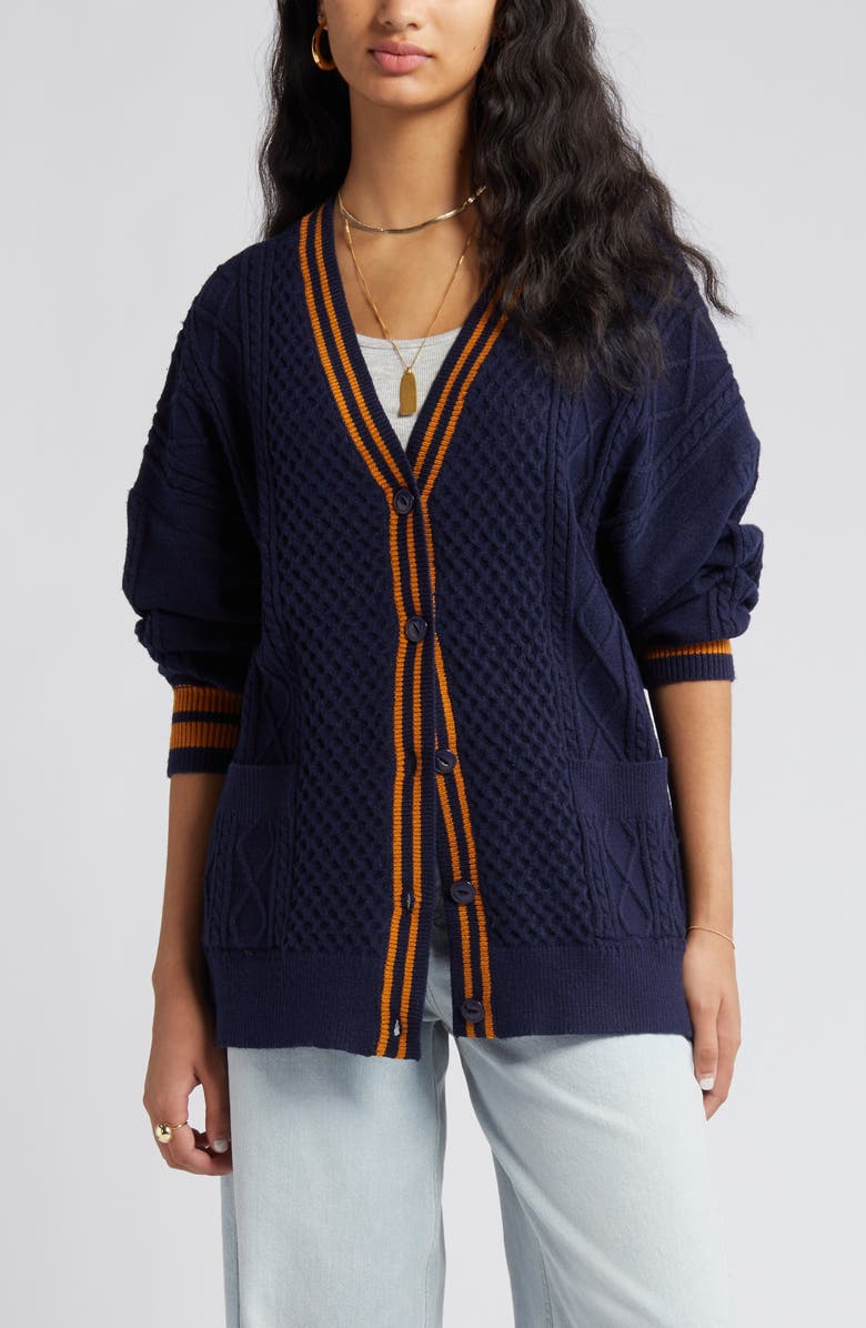 Vigoss Mixed Cable Varsity Cardigan, Alternate, color,