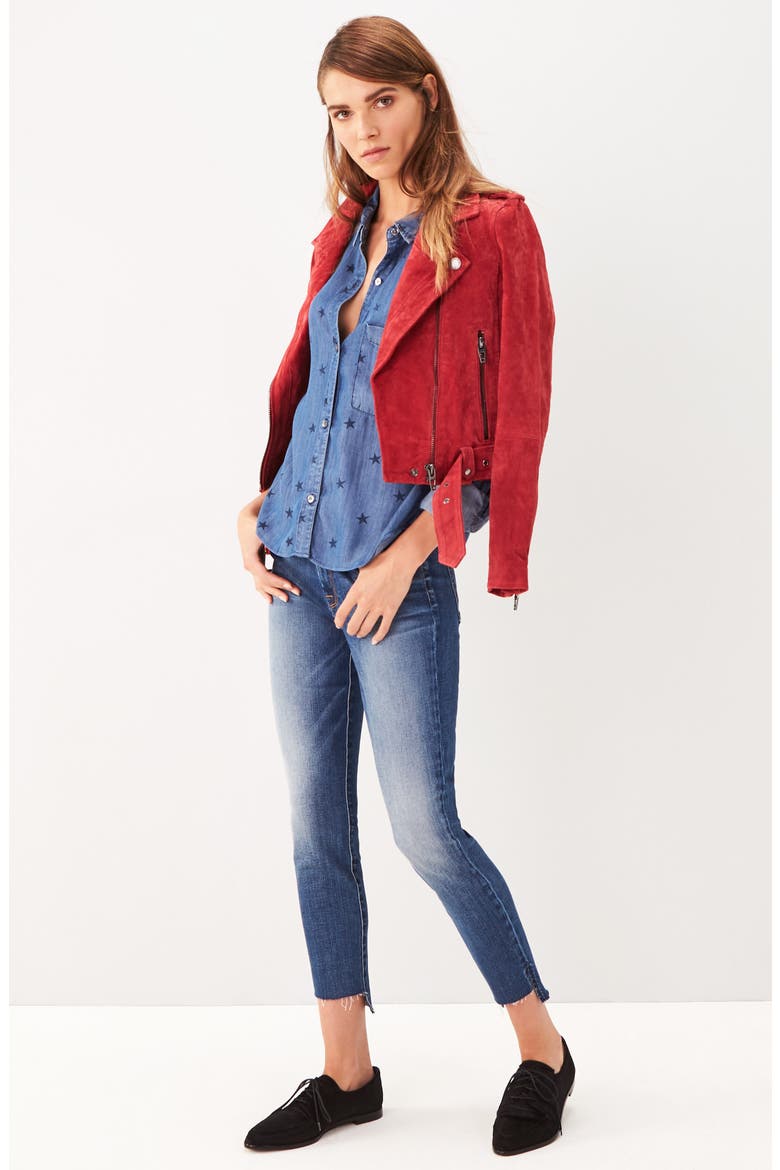 Morning Suede Moto Jacket, Alternate, color, RED MOON RED