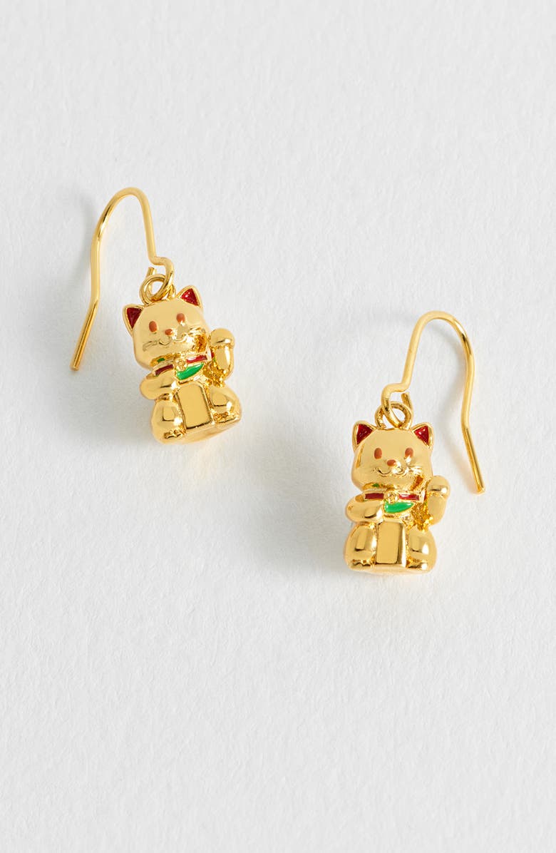 Estella Bartlett Lucky Cat Drop Earrings, Alternate, color, Gold