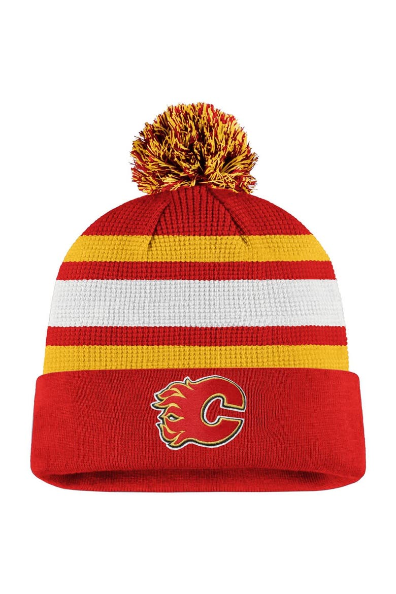 Men's Fanatics Red/Yellow Calgary Flames Authentic Pro Cuffed Pom Knit Hat, Main, color, Red