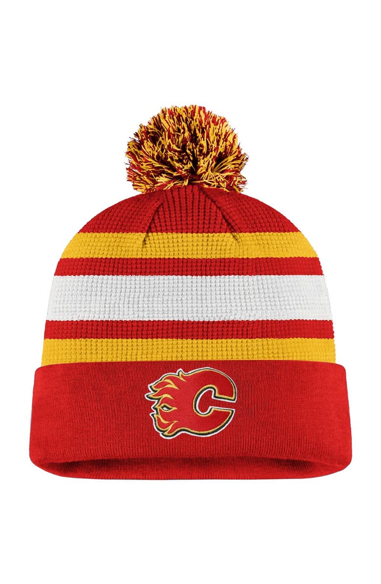 FANATICS Men's Fanatics Red/Yellow Calgary Flames Authentic Pro Cuffed Pom Knit Hat, Main, color, Red
