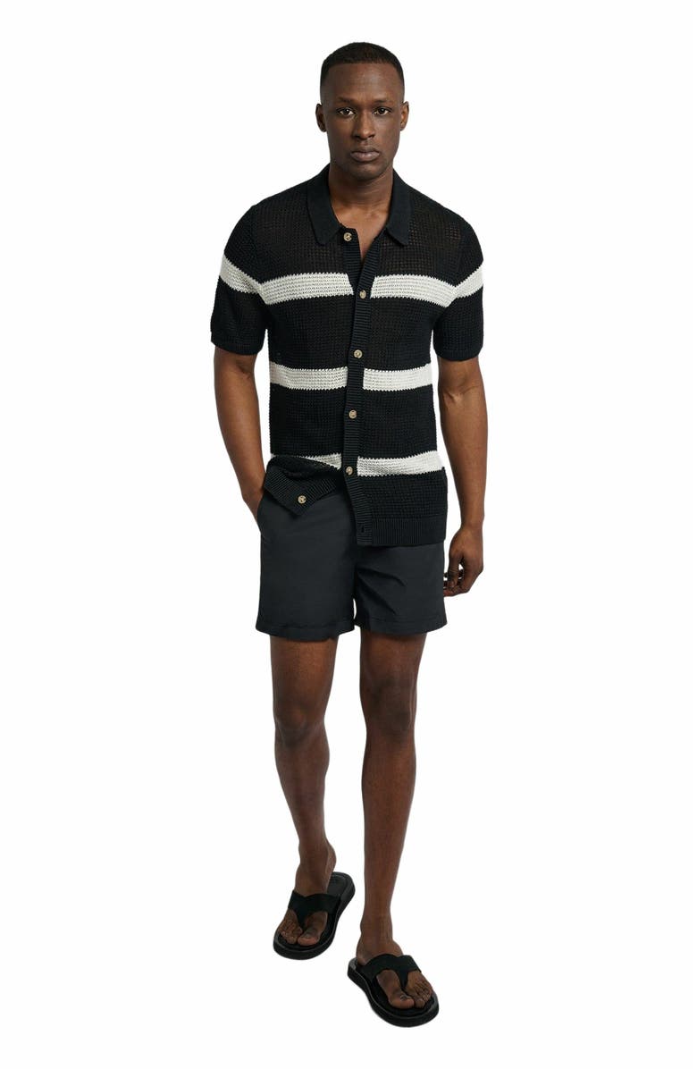 Onia Linen Short Sleeve Button Up Sweater, Main, color, Black/Egret