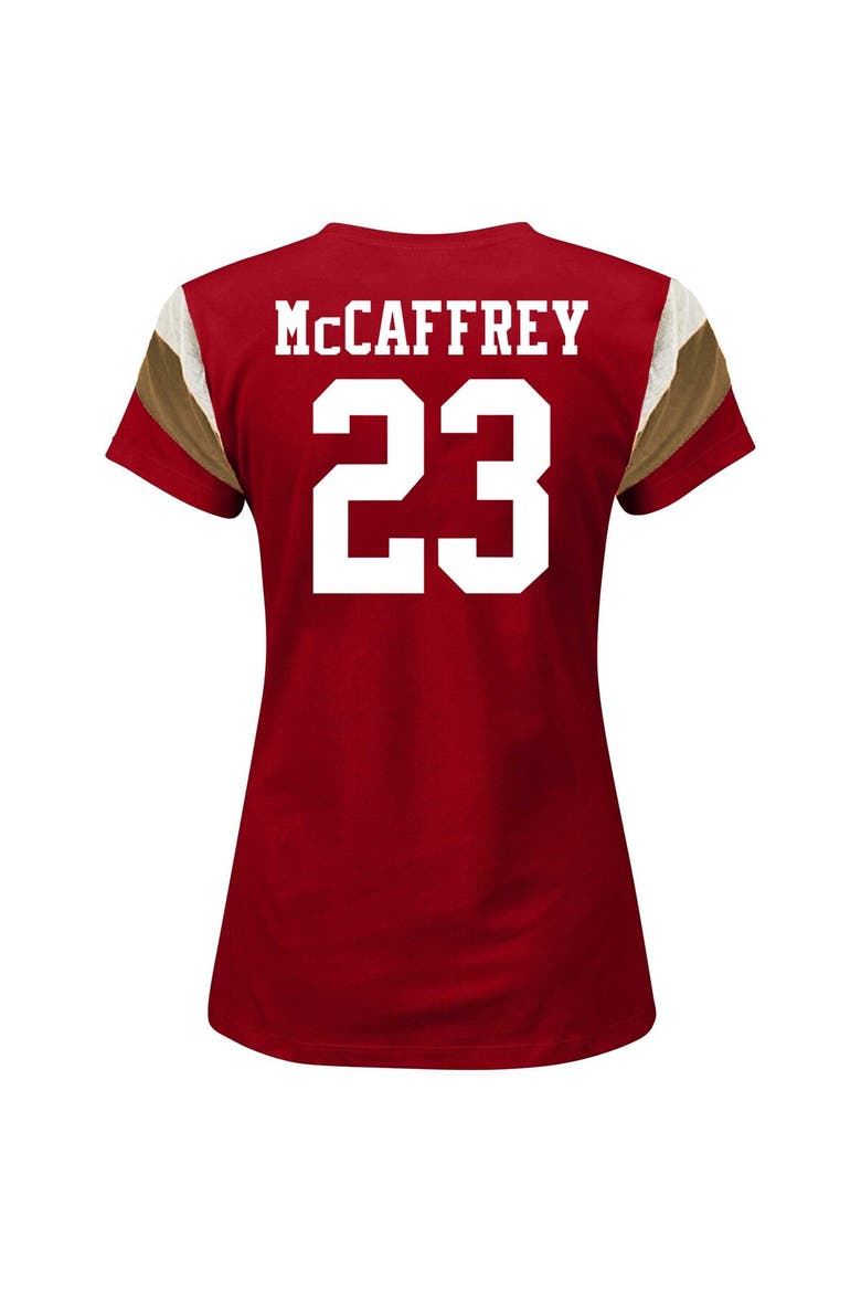 Women's Fanatics Branded Christian McCaffrey Scarlet San Francisco 49ers Plus Size Sleeve Stripe Name & Number T-Shirt, Alternate, color, Scarlet