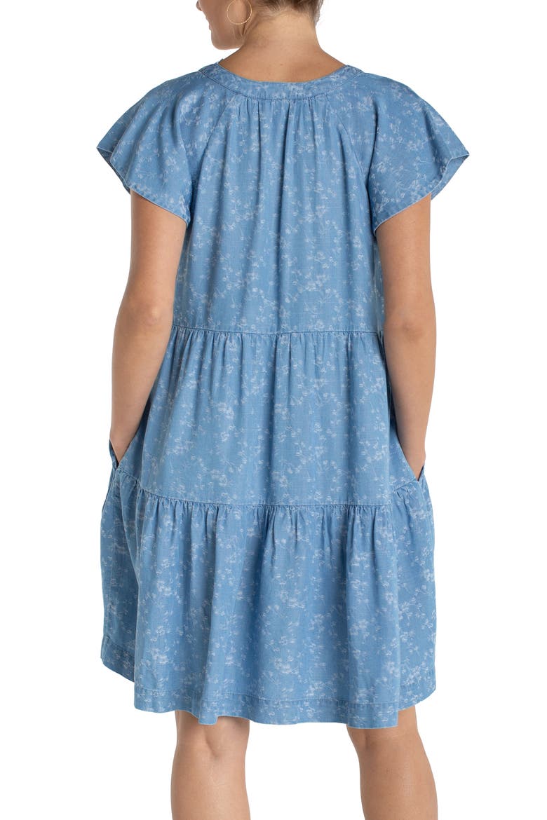 Tiered Floral Flutter Sleeve Denim Dress, Alternate, color, INDIGO ROSES
