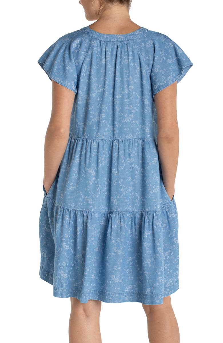 Liverpool Los Angeles Tiered Floral Flutter Sleeve Denim Dress, Alternate, color, Indigo Roses