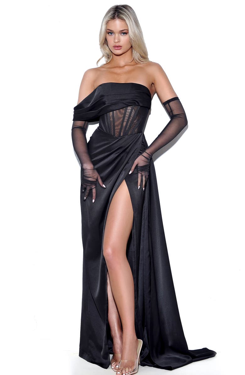 Miss Circle Rebeca Satin High Slit Corset Gown, Main, color, Black