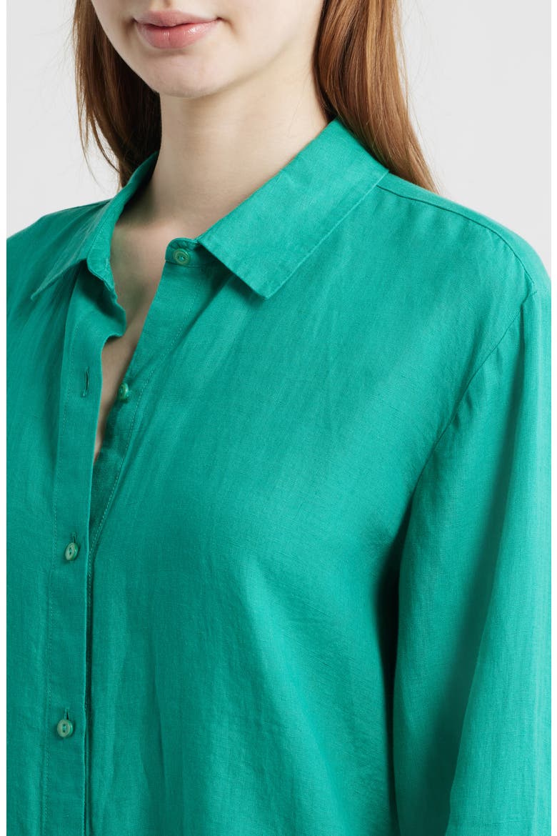 Classic Collar Organic Linen Long Button-Up Shirt, Alternate, color, SEA STAR