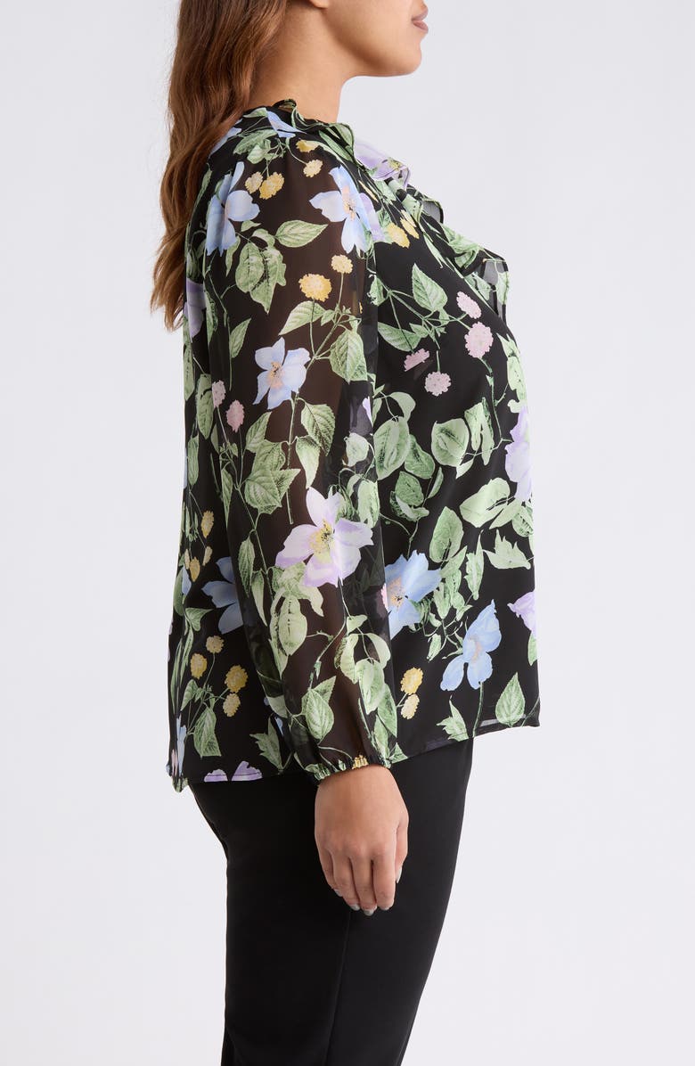 KASPER Floral Print Ruffle Shirt, Alternate, color, Black Multi