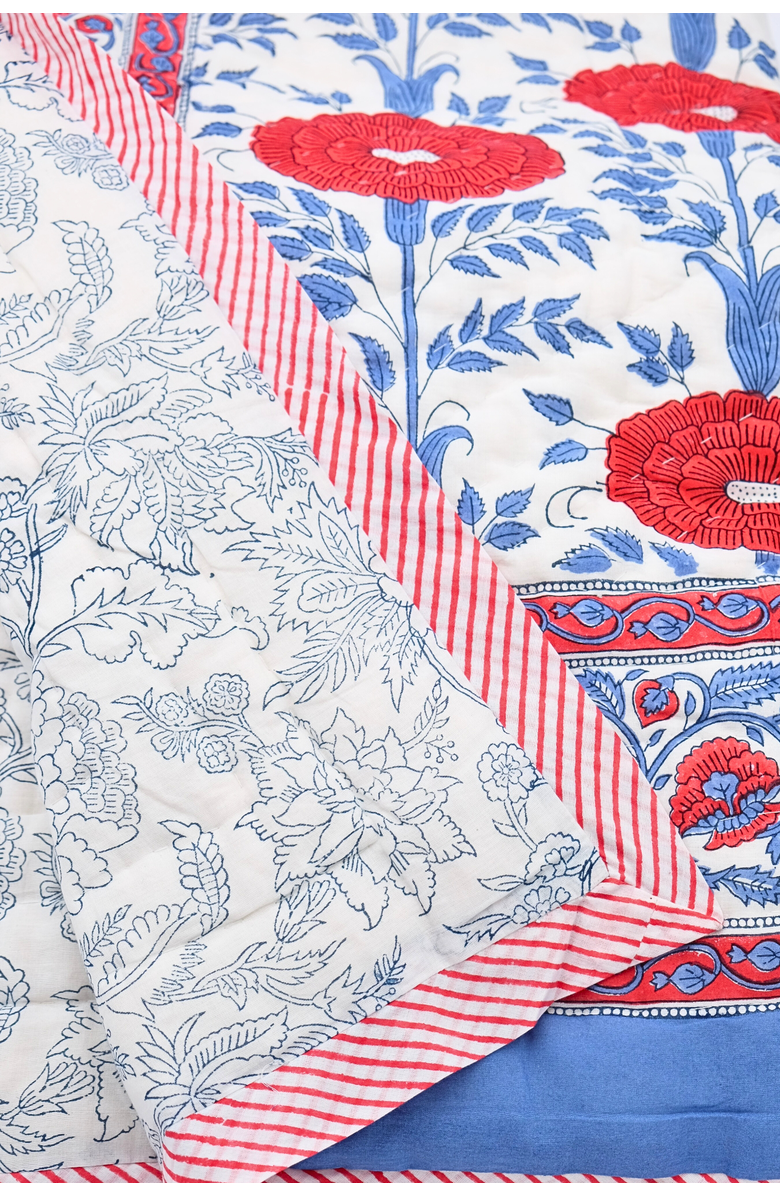 Inner Child Araminta Block Print Reversible Cotton Quilt, Alternate, color, Blue - 90X92