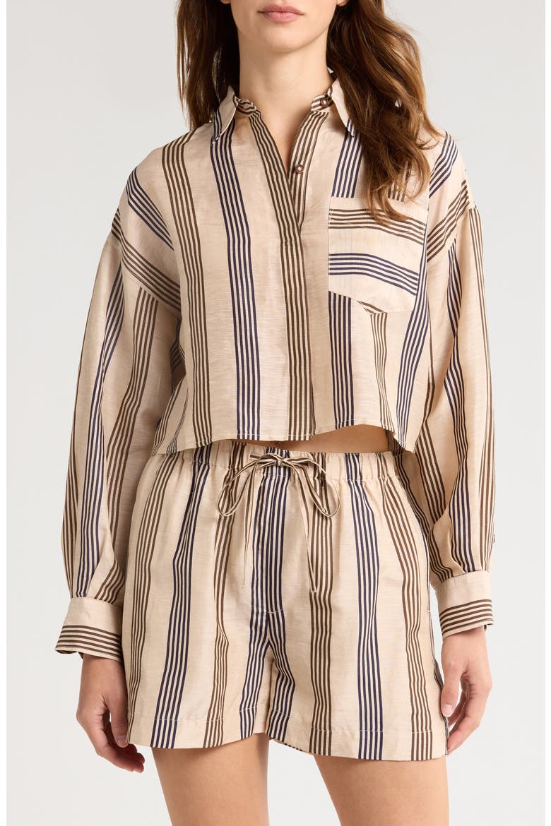Beatrice Stripe Linen & Silk Crop Button-Up Shirt, Main, color, CREAM STRIPE
