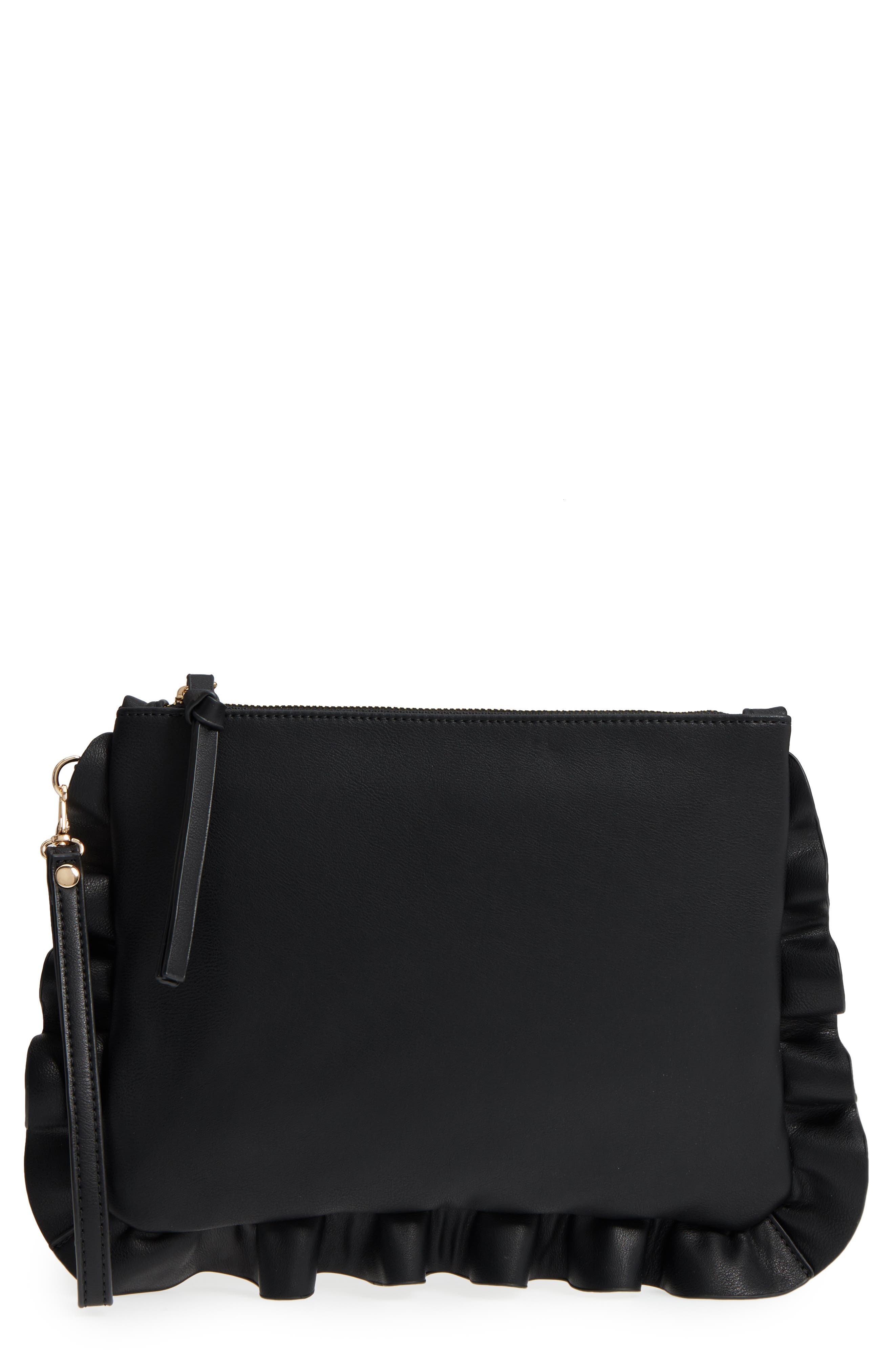 Adelina Faux Leather Ruffle Clutch, Main, color, BLACK