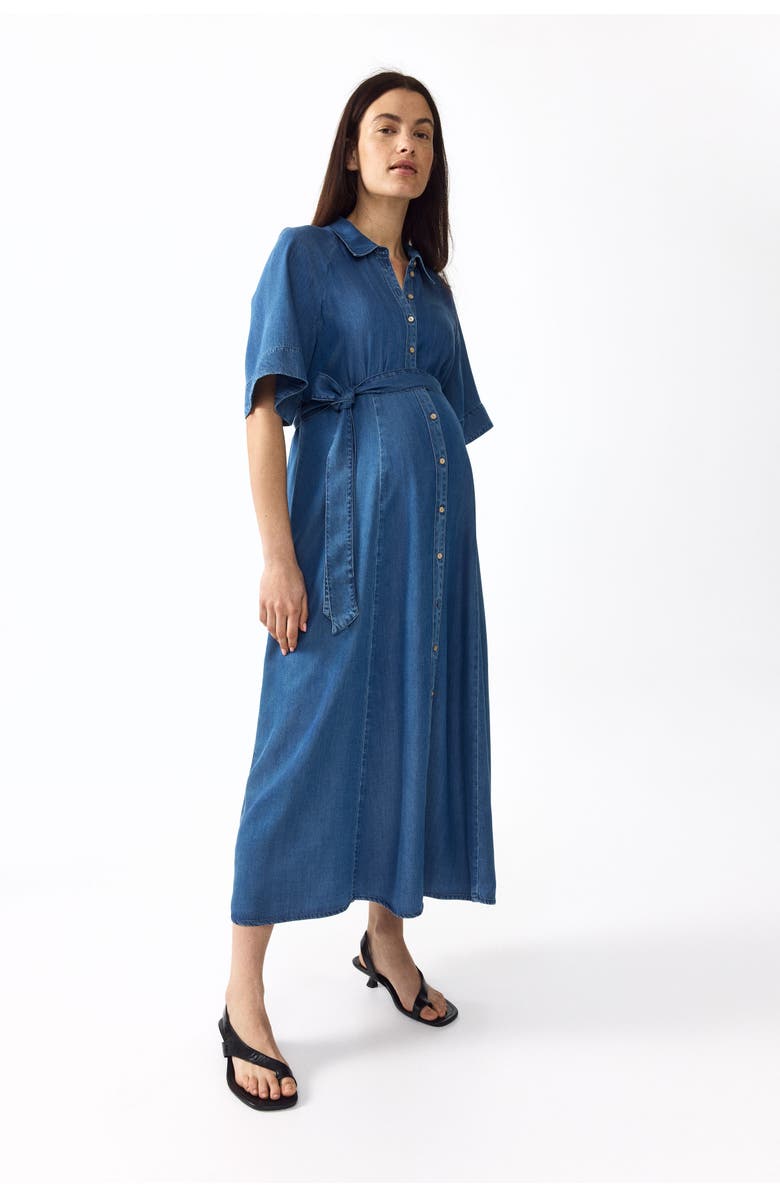 H&M Mama tie-belt denim dress, Main, color, Denim Blue
