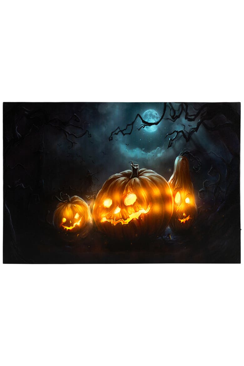 LED Lighted Spooky Halloween Jack-O-Lanterns Canvas Wall Art - 23.5"  x 15.75", Main, color, Orange
