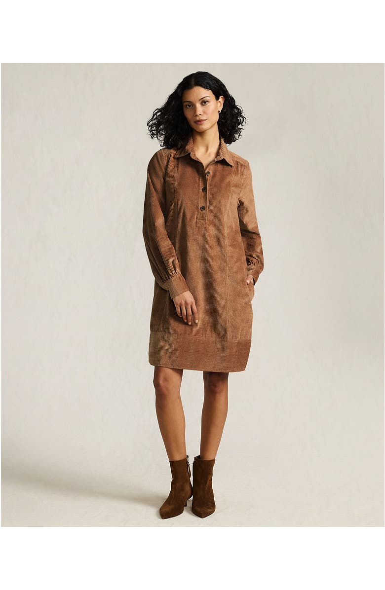 Lands' End Wide Wale Cord Popover Long Sleeve Shirt Dress, Alternate, color, Maple Toffee