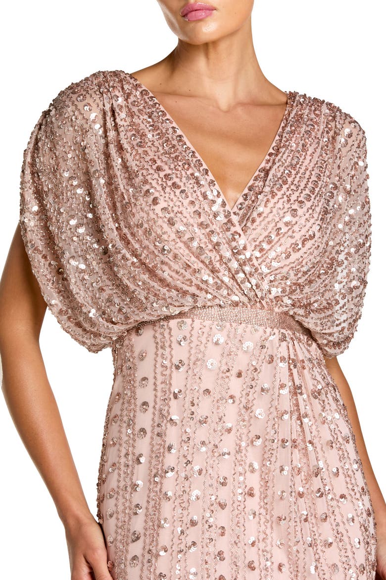 Beaded Mesh Blouson V Neck Column Gown, Alternate, color, Vintage Rose