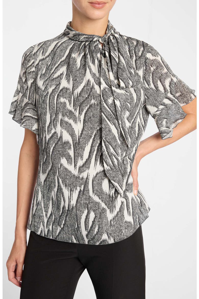 Athena Tie Neck Blouse with Short Flutter-Sleeves, Main, color, Onyx Multi