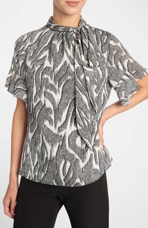 Athena Tie Neck Blouse with Short Flutter-Sleeves