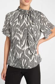 Santorelli Athena Tie Neck Blouse with Short Flutter-Sleeves