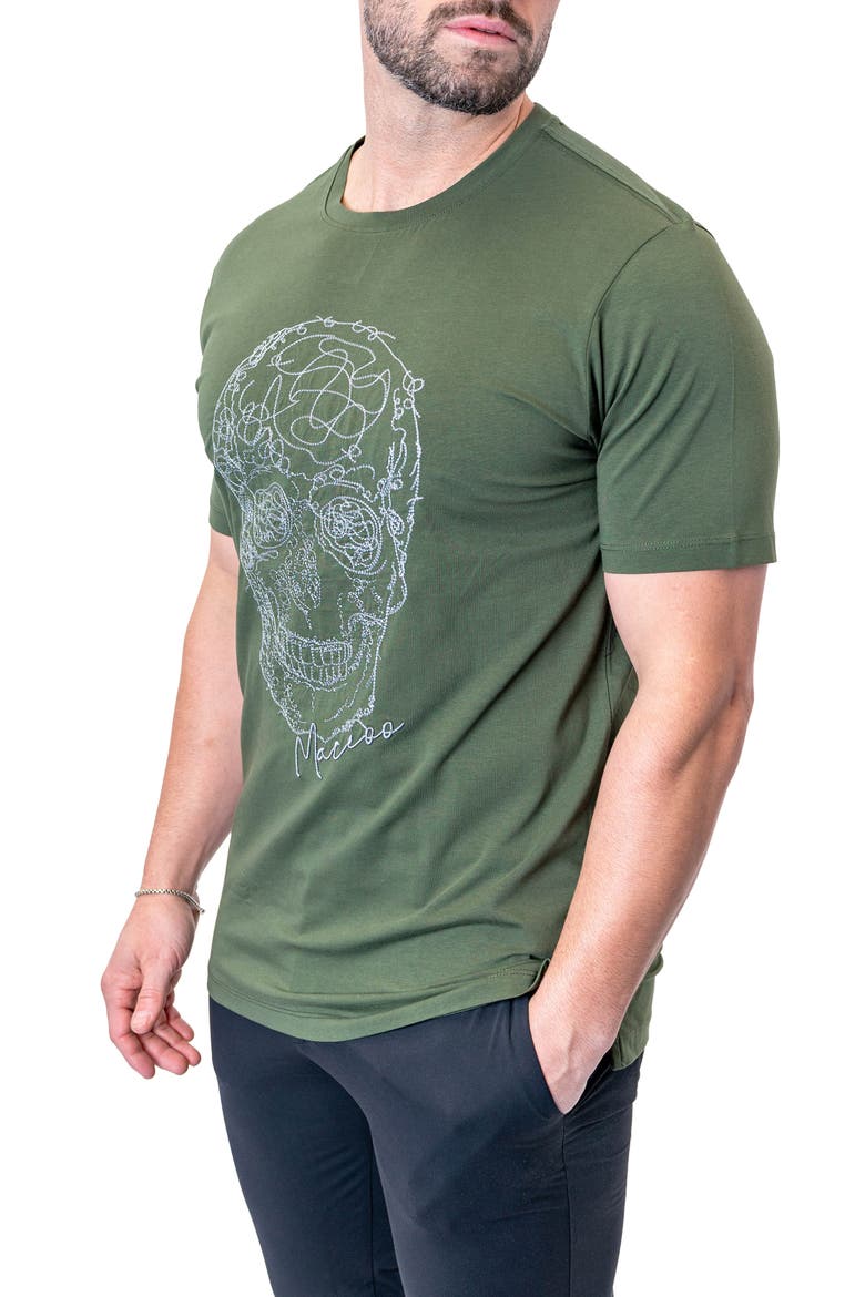 Screbbleskull Armygreen Embroidered Skull Stretch Cotton T-Shirt, Alternate, color, GREEN