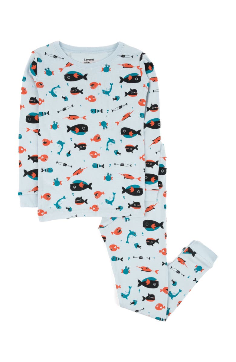 Leveret Kids Cotton Two-Piece Printed Pajamas, Animals & Characters, Main, color, Sharks Light Blue