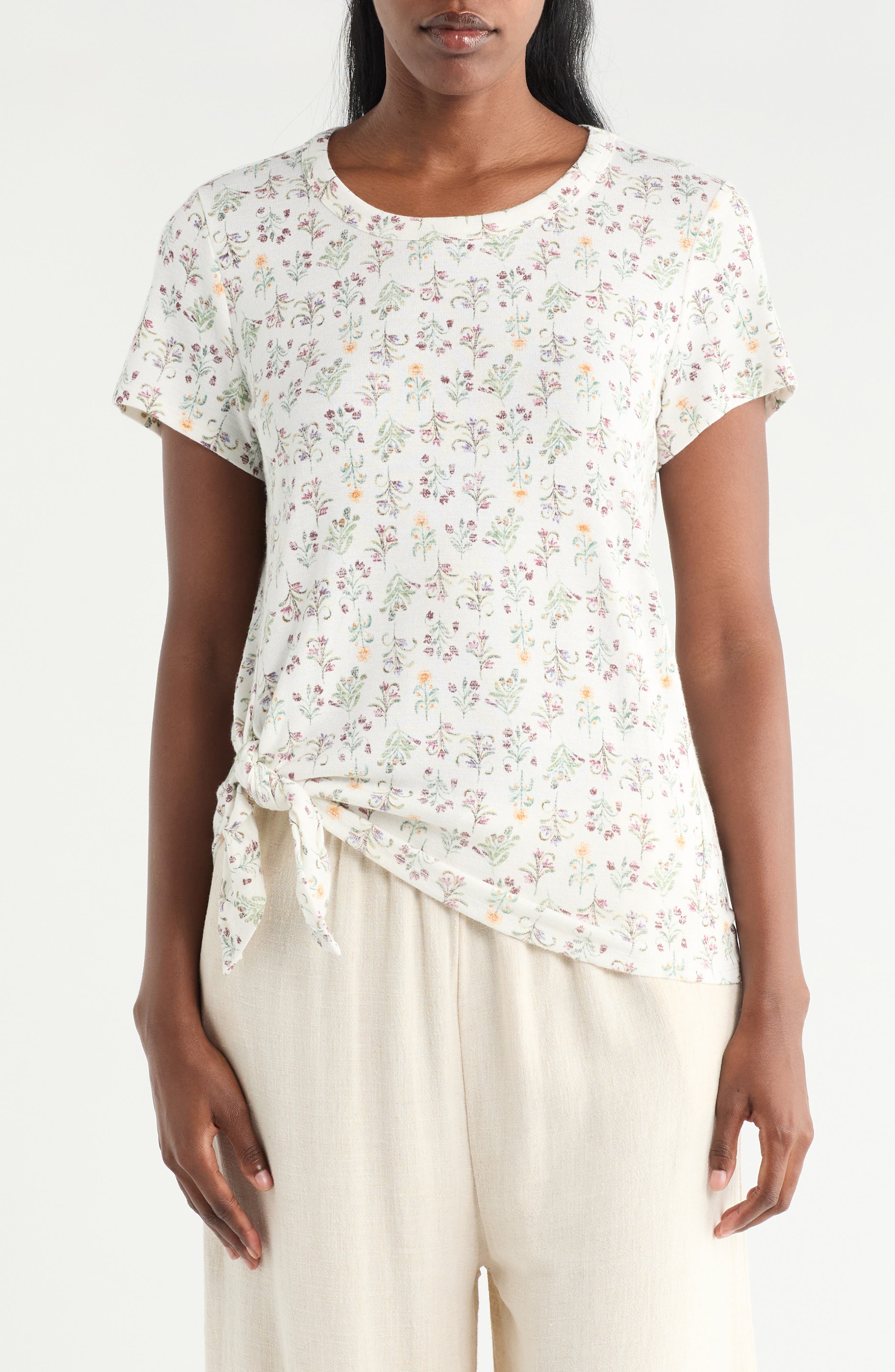 Bobeau Floral Print Side Tie T-Shirt