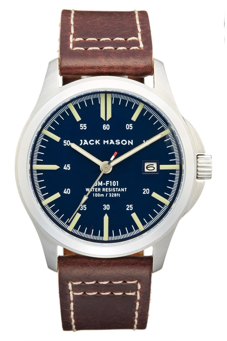 Field Leather Strap Watch, 42mm, Main, color, NAVY/ BROWN LEATHER
