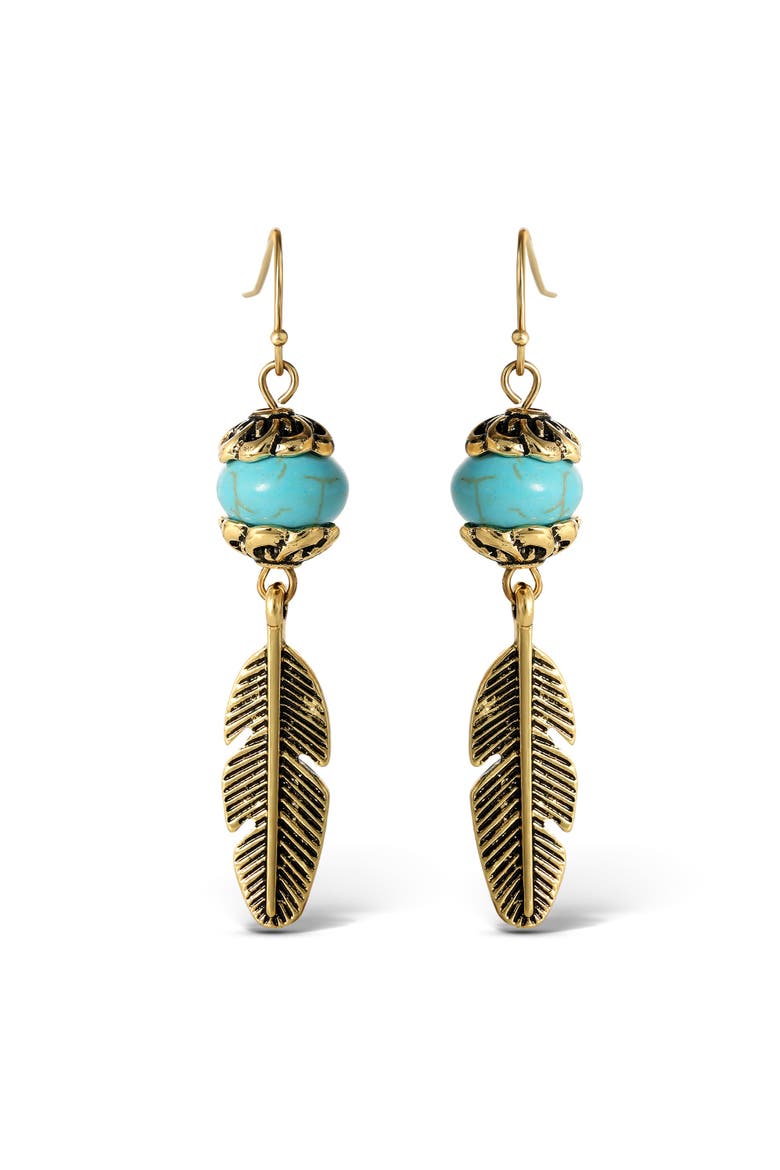 Turquoise Bead Feather Drop Earrings, Alternate, color, Gold, Turquoise