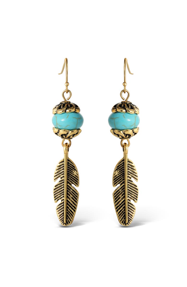 Jessica Simpson Turquoise Bead Feather Drop Earrings, Alternate, color, Gold, Turquoise