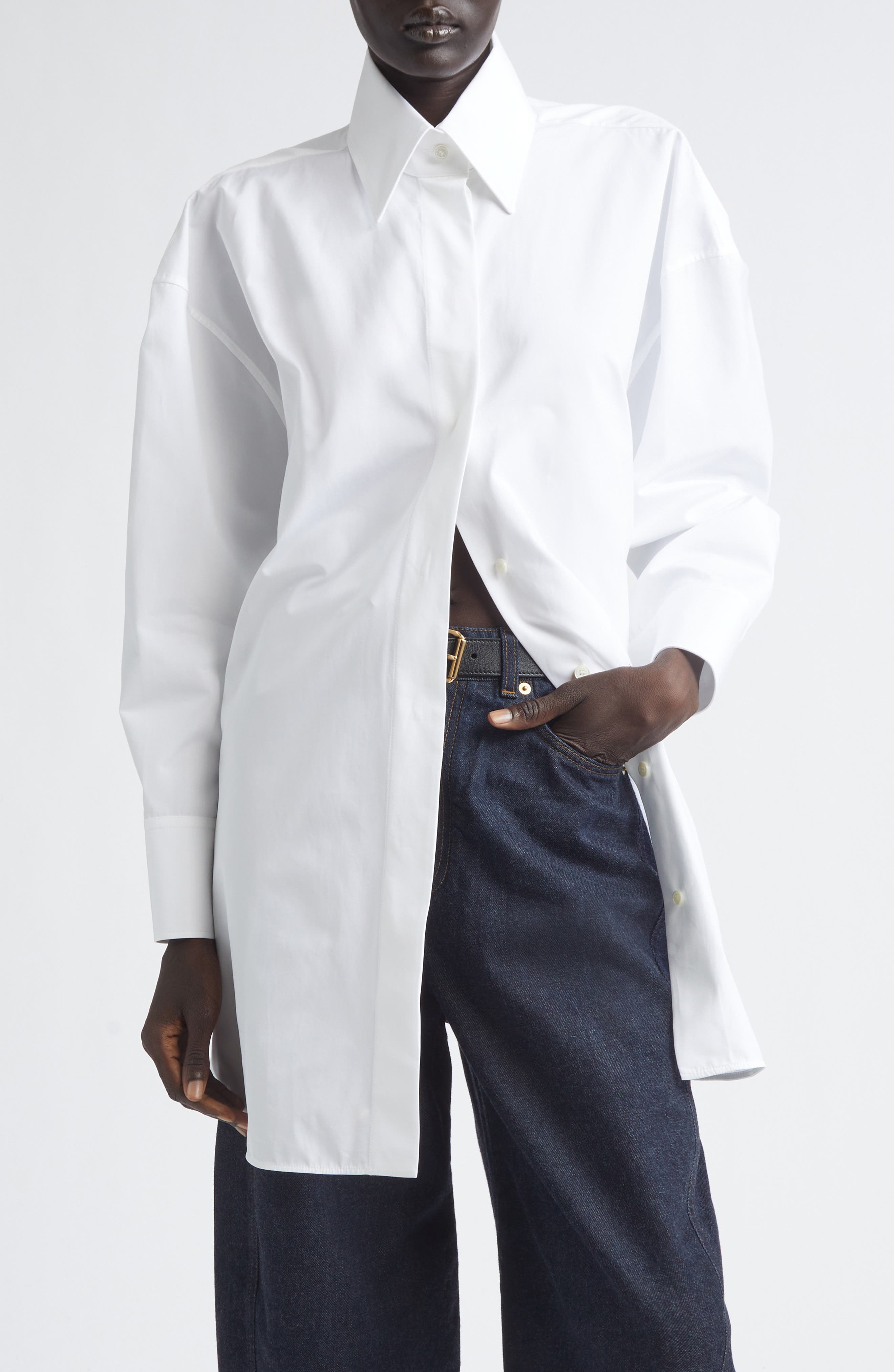 High Low Tie Front Poplin Button-Up Shirt