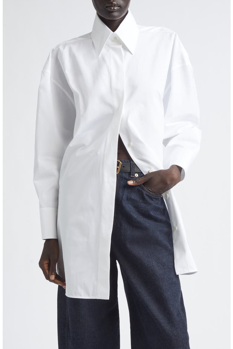 High Low Tie Front Poplin Button-Up Shirt, Main, color, WHITE