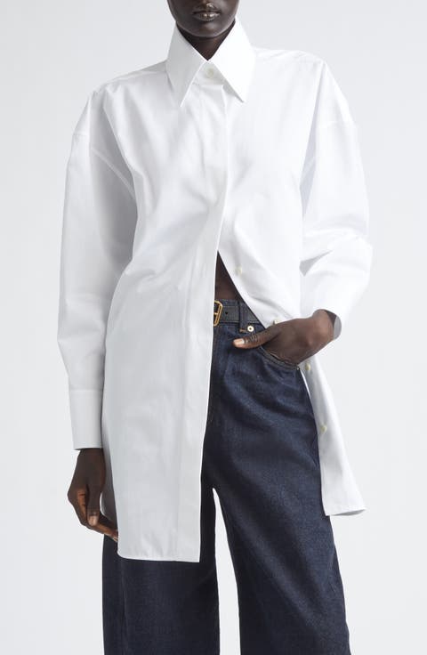 High Low Tie Front Poplin Button-Up Shirt