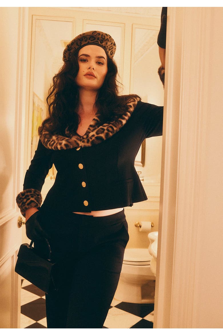 Leopard Faux Fur Trim Jacket (plus), Main, color, BLACK AND LEOPARD