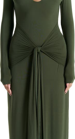 Cutout Tie Front Long Sleeve Maxi Dress