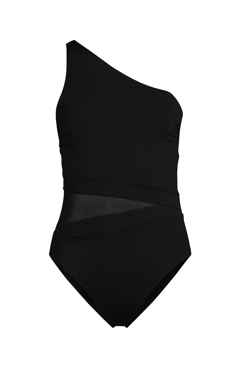 Lands' End Chlorine Resistant Smoothing Control Mesh High Leg One Shoulder One Piece Swimsuit, Alternate, color, Black
