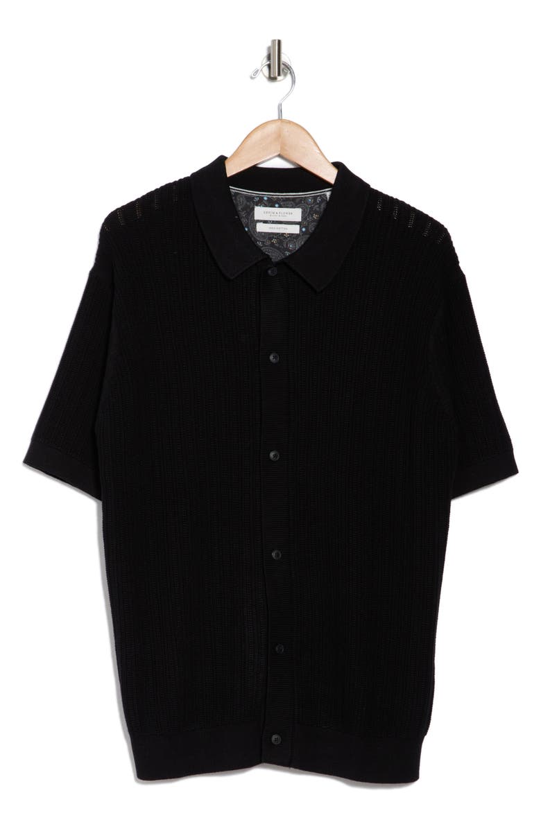 DENIM AND FLOWER Textured Crochet Short Sleeve Shirt, Alternate, color, Black